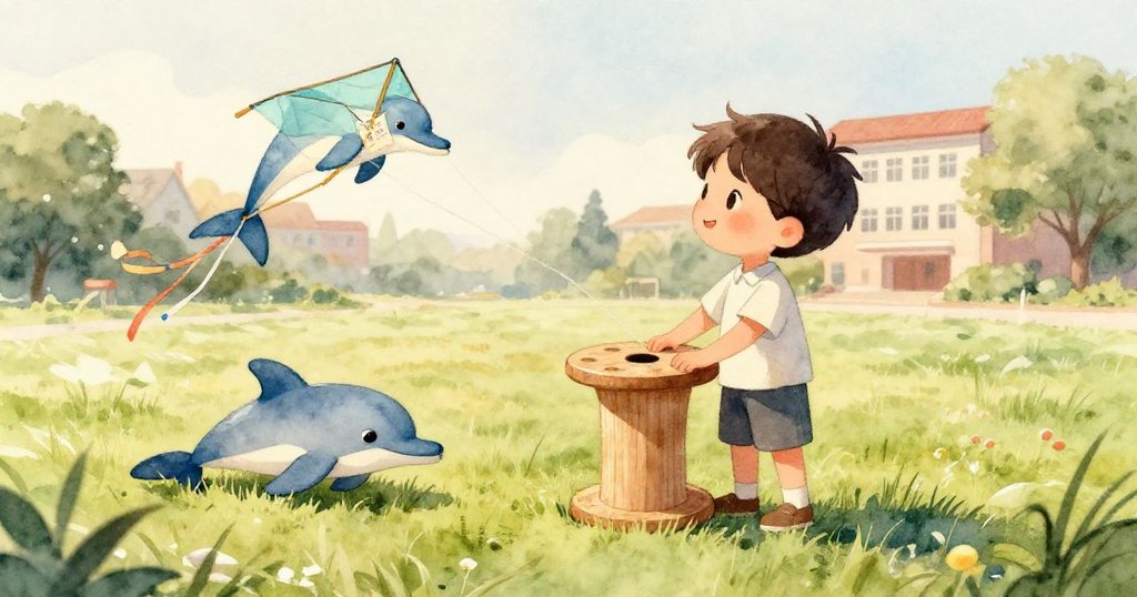 從小動物視角看海豚風箏細節,鮮豔彩帶隨風飄揚,紙條上班級名字清晰顯現。