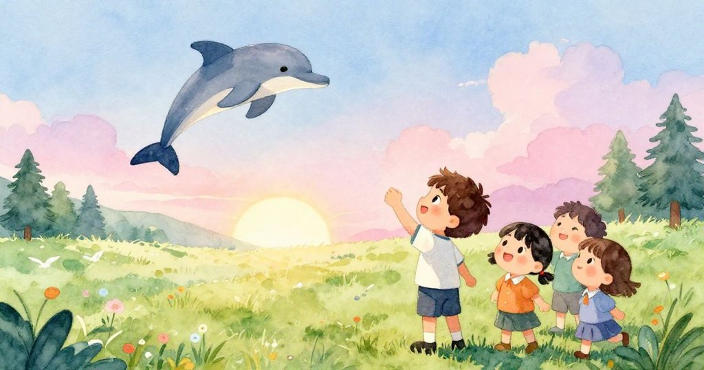 米洛與朋友們在寬闊操場上仰望高飛海豚風箏,喜悅笑容洋溢,展望明亮未來充滿希望。