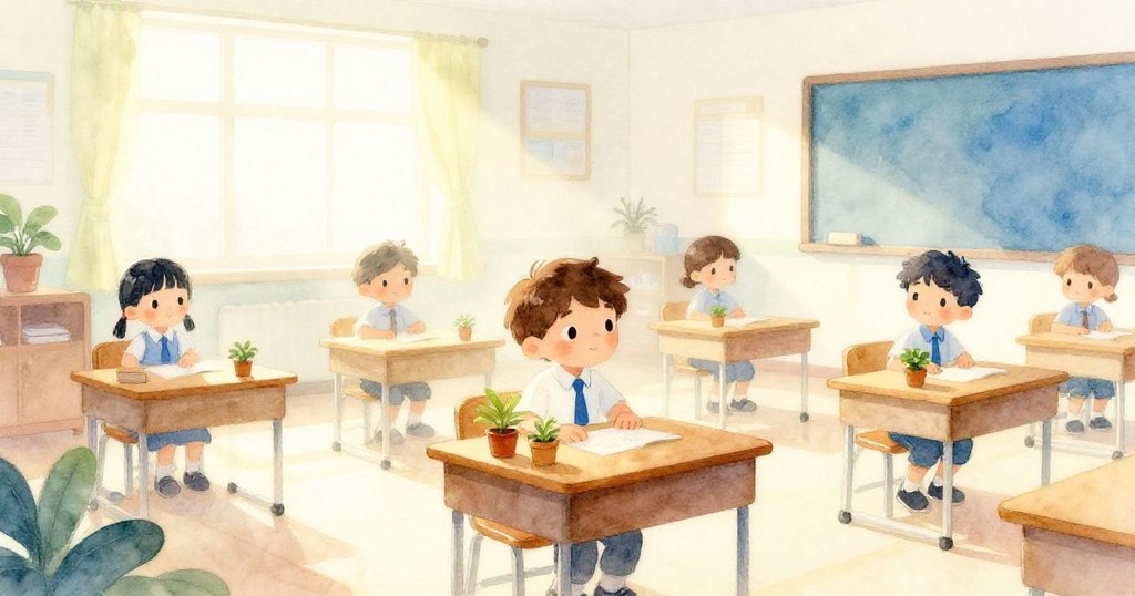 米洛坐在明亮的教室內，晨霧中手持種子，旁邊擺放著小盆栽，他表情好奇且平靜。