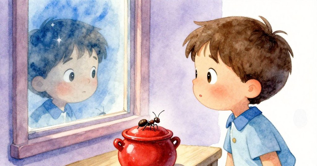 米洛透過窗玻璃觀看螞蟻攀爬，眼中映出驚喜與好奇，反射中清晰呈現其專注神情與細膩光影。