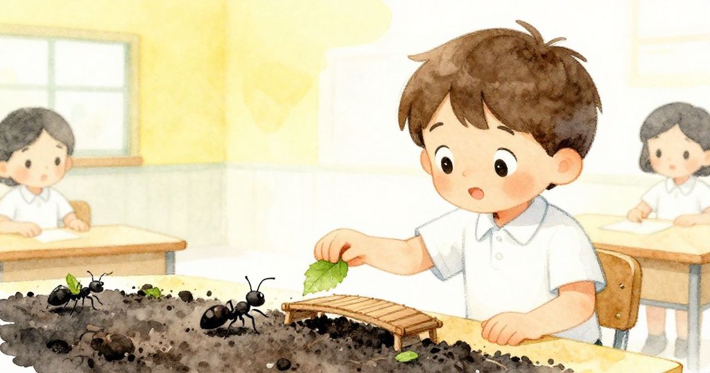 米洛專注地用小手輕放一片葉子在花盆上，搭起螞蟻通行的橋樑，室內充滿創意與自然細節。