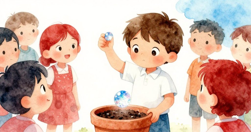 米洛舉著閃爍的珠子，旁邊同學驚訝低語，豆蔻年華充滿懸疑，落回土中種子的細節令人動容。