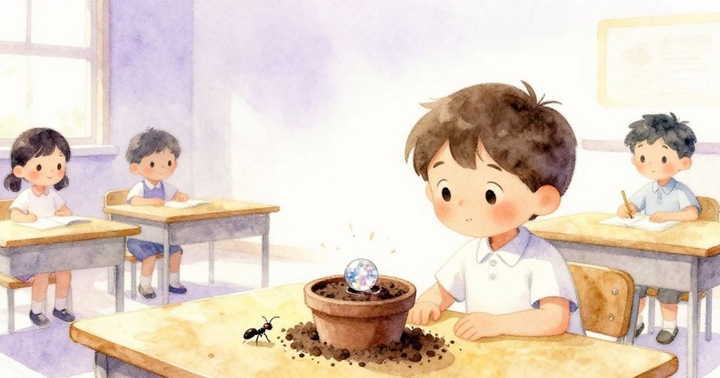 米洛靜靜注視著珠子沉入土中，螞蟻完成使命，同學默然，教室彌漫著希望與靜謐輕光。