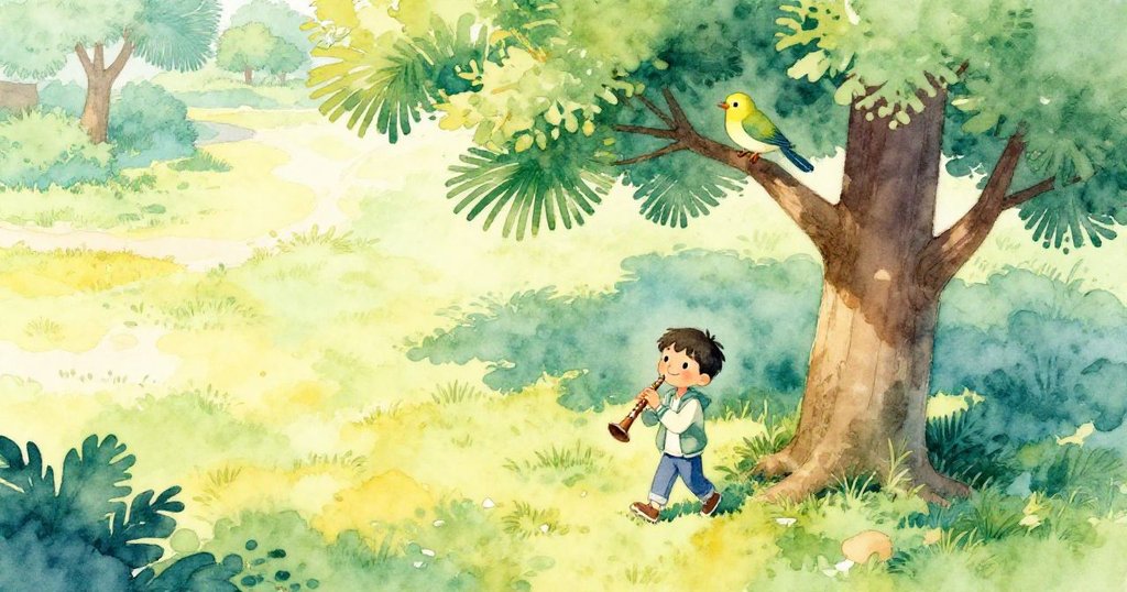 Tim在公園漫步，手持小錄音器，樹上停著明亮的鳥，臉上流露好奇，晨光灑落整個公園情境。