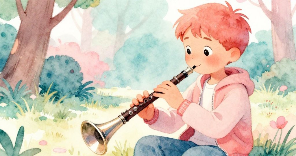 Tim細心觀察他手中的小錄音器，背景中樹枝若隱若現，表情專注而充滿期待，晨光輕拂。