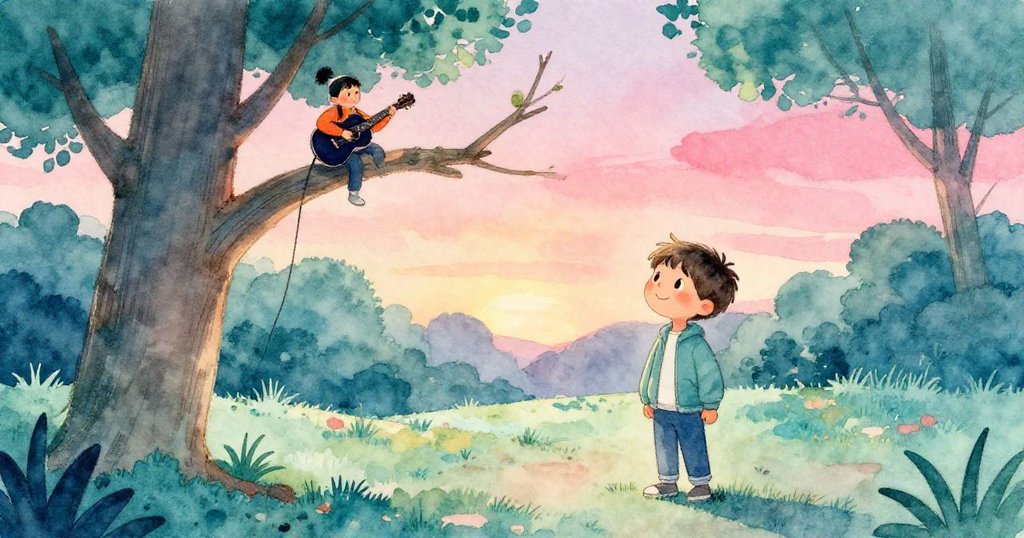 Tim站在樹下凝視空樹枝，夕陽映照公園，歌聲悄然退去，心情平靜中帶有些許思索。