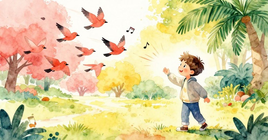 Tim仰望飛散的鳥群，背景中激烈歌聲觸動四周，樹下驚訝與興奮並存，充滿動感與活力。