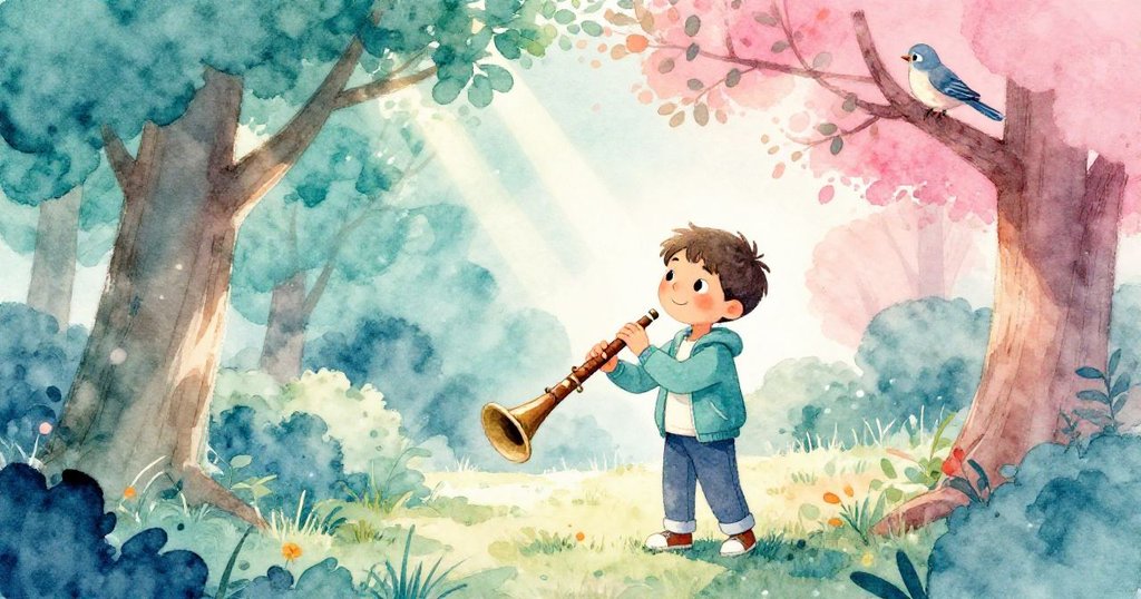 Tim在柔和光線中放下錄音器，新鳥安然降落於鄰枝，公園回歸寧靜，臉上滿懷滿足與溫柔希望。