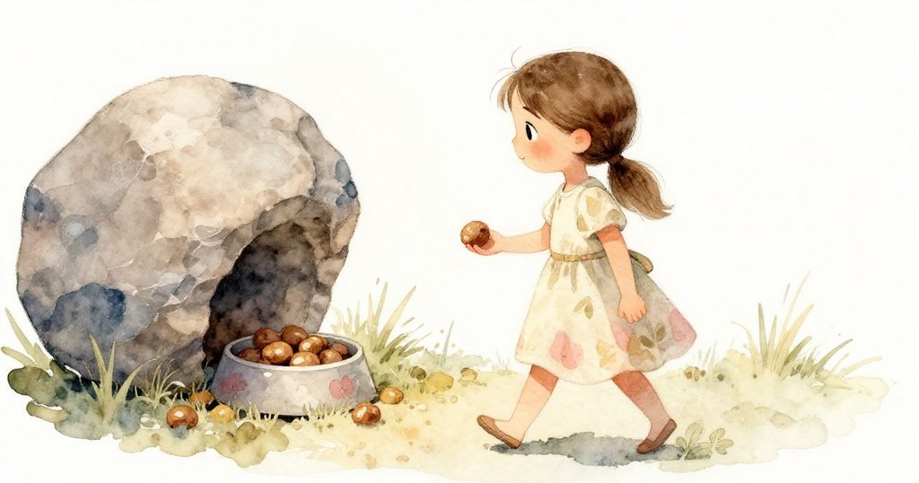莉莉走向部分隱藏於光滑岩石後的食盆，手中捧著點心，臉上帶著期待微笑，庭院中光影柔和溫暖。