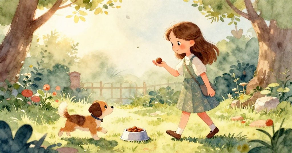 從高角度看見莉莉的腳輕輕撞到光滑岩石，一絲塵埃緩緩升起，庭院中陽光和諧柔美，傳達悄然變化的氛圍。