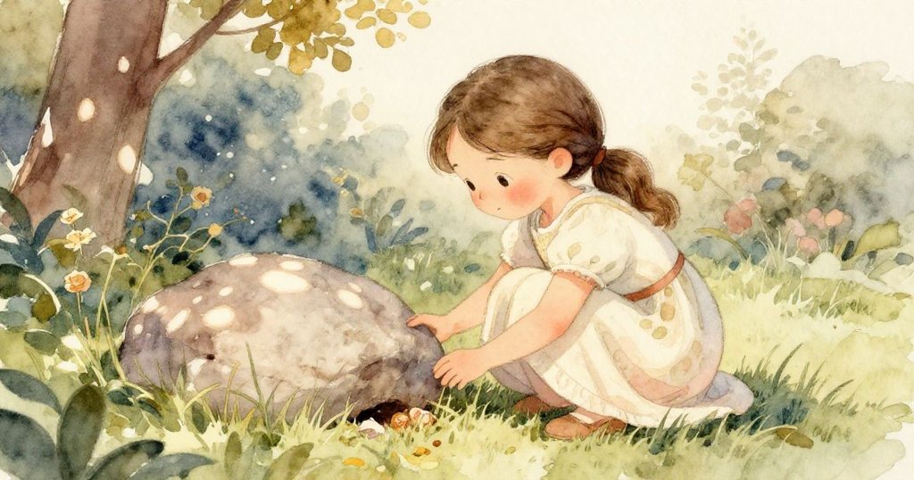 莉莉蹲下身子，小心推開岩石揭露藏在翠綠草地上的點心，臉上流露出專注與驚喜，光影交錯之下和諧自然。