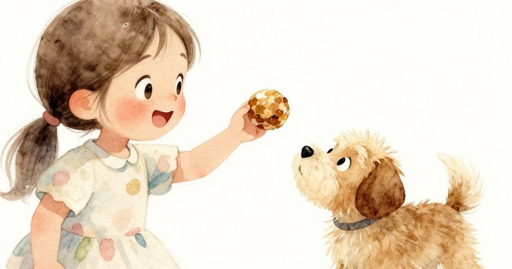 莉莉快樂地拾起圓形點心，臉上滿是驚喜與喜悅，小狗在旁邊興奮凝望，展現出發現驚奇的溫馨瞬間。