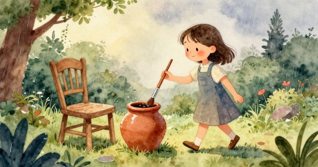 Mia的腳步在濕潤的花園小徑上留下足跡，旁邊木椅和陶罐靜靜守候，展現探索中的細膩情感