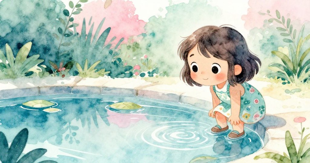 Mia凝視著反光池面，池中葉子隨水波舞動，近景展現細膩水光效果與探索心情的連續發展