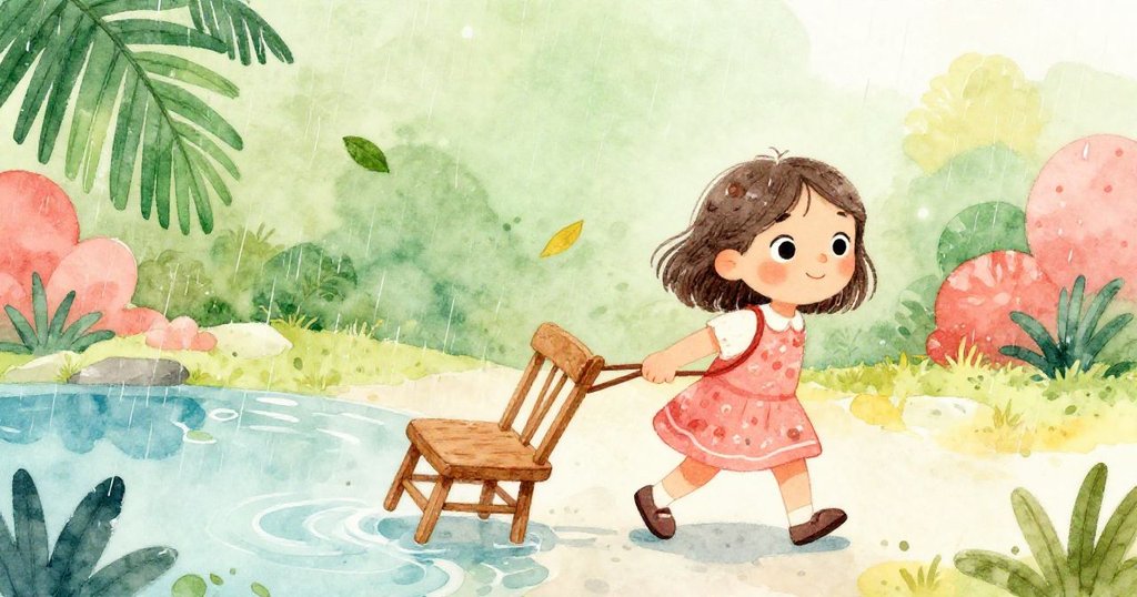 雨中Mia正拉動木椅接近池塘，漂浮的樹葉隨水舞動，背景持續細雨點綴，情節逐步推展