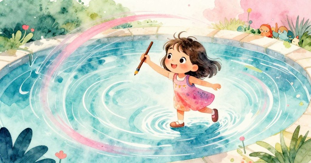 Mia活力揮筆作畫，刷出寬大渦旋，藍與紅交織反映水光，展現藝術與自然激烈碰撞情景