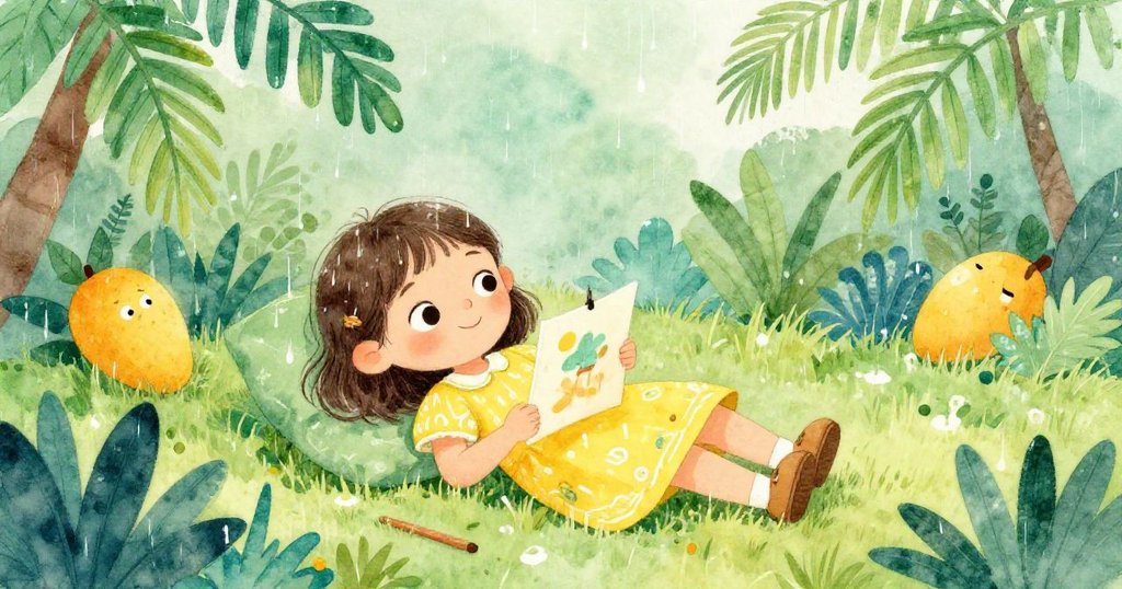 Mia坐於靜謐花園中欣賞畫作，雨後光影柔和，環境寧靜，呈現平靜與藝術融合的完美結局