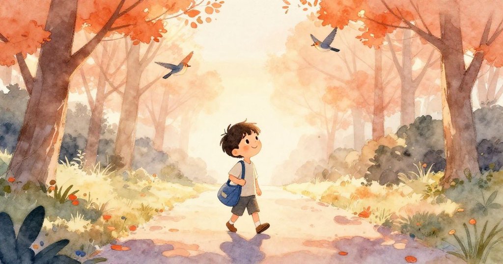 Liam 穿著輕便服飾，在晨光灑滿的公園小徑上行走，藍色背包隨步輕擺，鳥鳴悠揚，展現故事開頭的溫暖與期待。