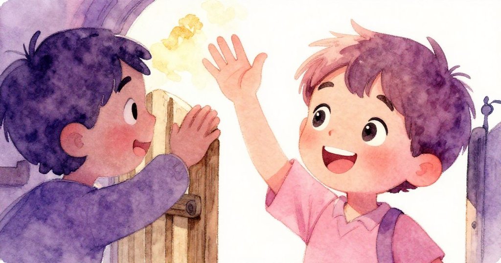 Liam 與朋友在木門前熱情互動，臉上洋溢著開心與專注，呈現故事發展中友誼與歡愉的瞬間。