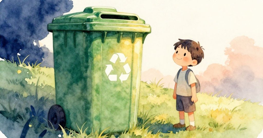 綠色回收桶在山坡上閃耀晨光，反射出金色光澤，Liam在遠處靜靜觀察，呈現故事發展初期的思考與期待。