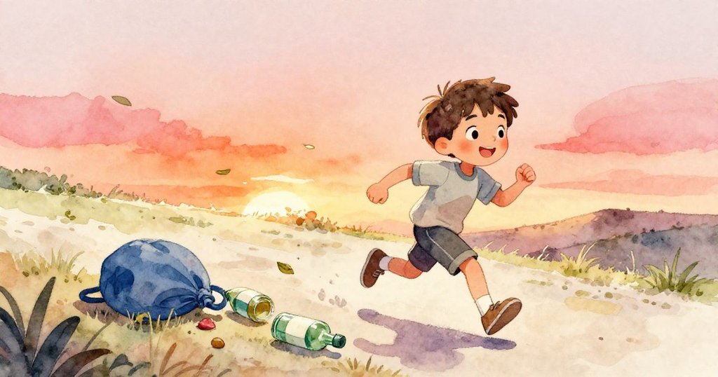 Liam急速奔跑追逐從藍背包中滾落的瓶子，微風吹動樹葉飛舞，表現出故事發展中緊張與動感的轉折。