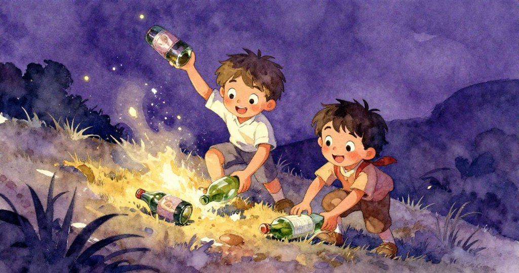 Liam與朋友在山坡上協力攔截滾動瓶子，臉上展現堅定神情，葉片飛舞中呈現故事高潮時團隊合作的緊張氛圍。