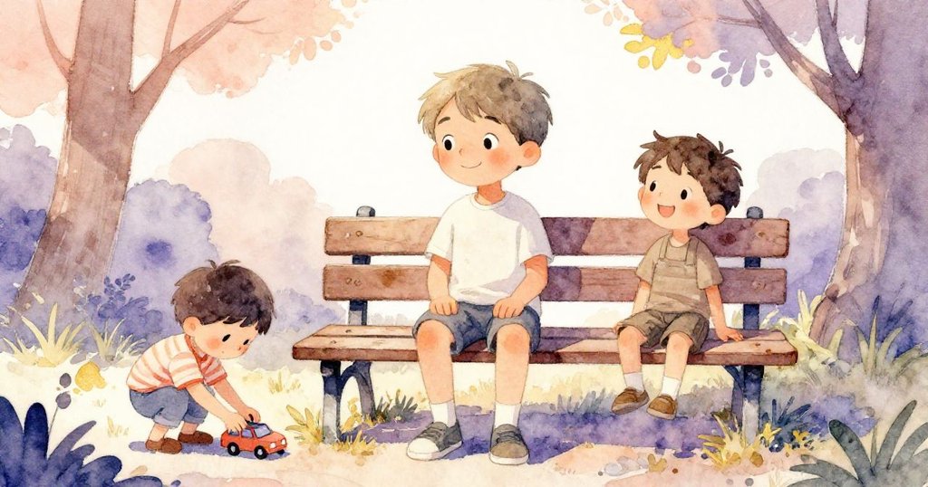 Liam坐於公園長椅上休憩，朋友輕撫拾起迷你玩具車，臉上流露平靜與滿足，完美呈現故事結束時的溫馨與安寧。