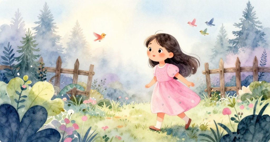 莉娜穿著粉色連衣裙走入晨霧籠罩的花園，背景中有搖曳的樹葉和啁啾的鳥鳴，流露出期待與好奇的情感。