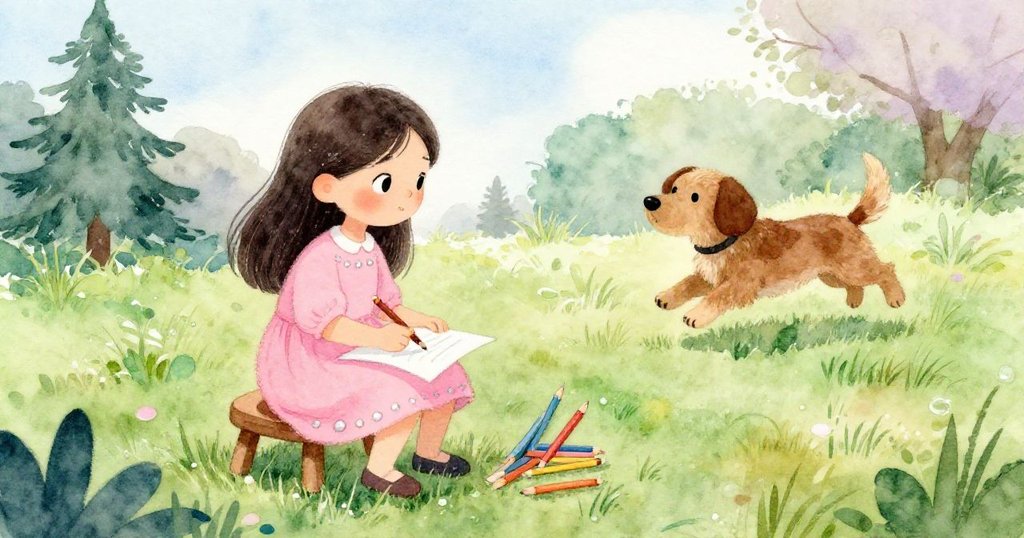 莉娜彎腰將小凳子擺在露珠閃爍的草地上，同時整理紙張與鉛筆，旁邊棕色小狗活潑地奔跑，充滿創作前的期待與活力。