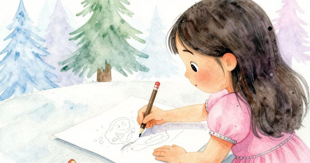 從莉娜背後看她專注描繪棕色小狗，紙上鋪滿流暢鉛筆線條，隱約映出她充滿創意與專注的神情。