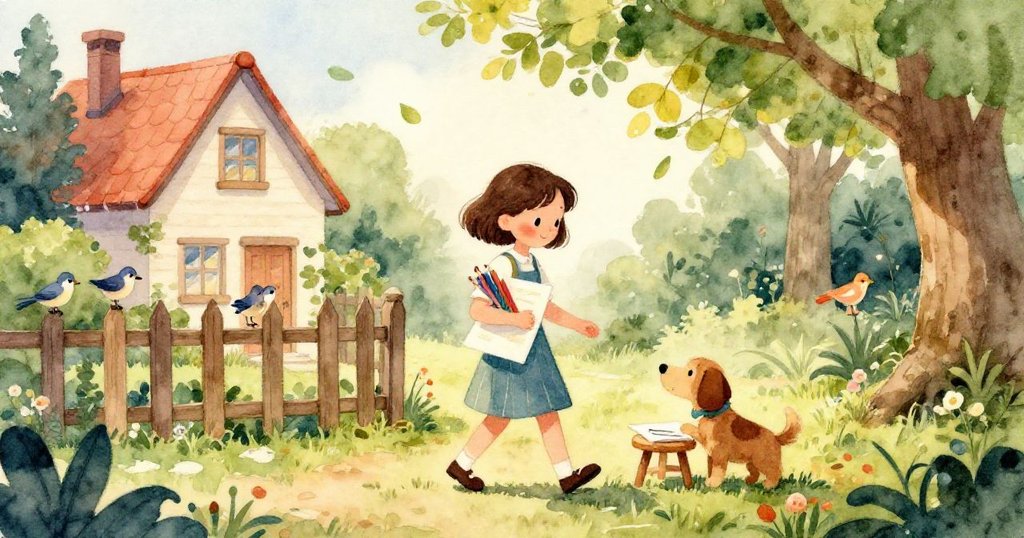 木製相框內的小鏡映出跳動的陽光，旁邊小凳子與鉛筆因微風吹拂輕微移動，展現出靜謐而充滿詩意的庭院角落。