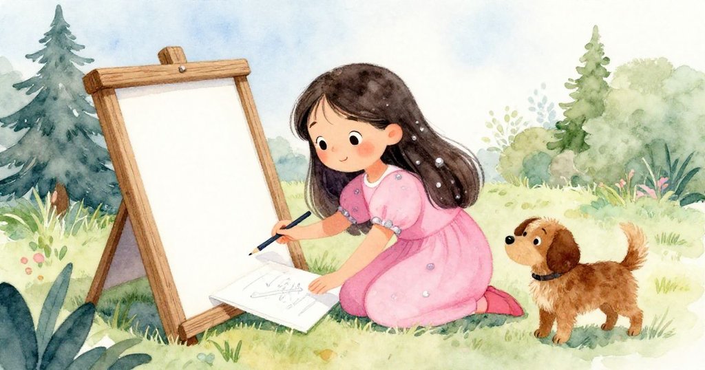 莉娜滿懷自豪地將畫紙滑入木框下，臉上洋溢著微笑，棕色小狗安靜守候在旁，整個庭院充滿溫暖與喜悅。