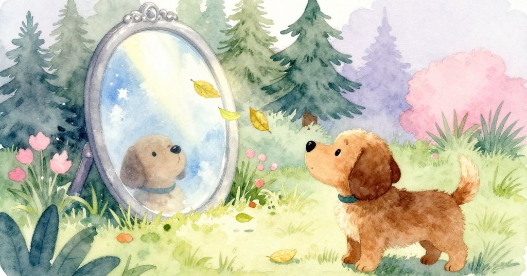 陽光在花園中舞動，一片孤葉輕落鏡上，棕色小狗靜立旁旁，整個場景充滿詩意與永恆的創意靜謐。