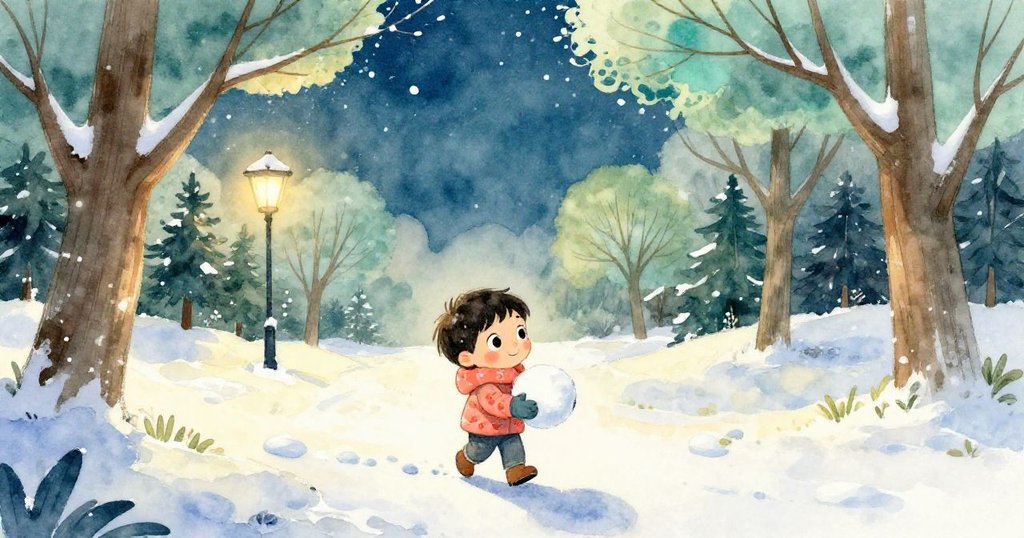 Milo迎接晨曦走在覆雪公園中，手握雪球，背景低凳與晨光交織，臉上流露期待與溫暖。