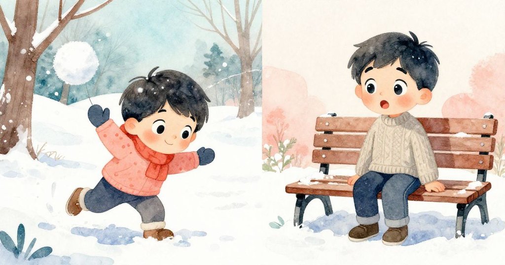 左側Milo踩坑跌倒雪球飛出，右側Sam焦急守候凳旁，雙面畫面呈現動感與驚訝，表情生動。