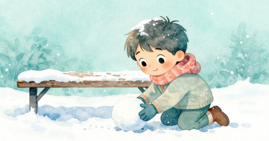 Milo跪在凳旁撿雪球，動作專注，雪花緩飄背景靜謐，呈現時間緩流中的堅持與期待。