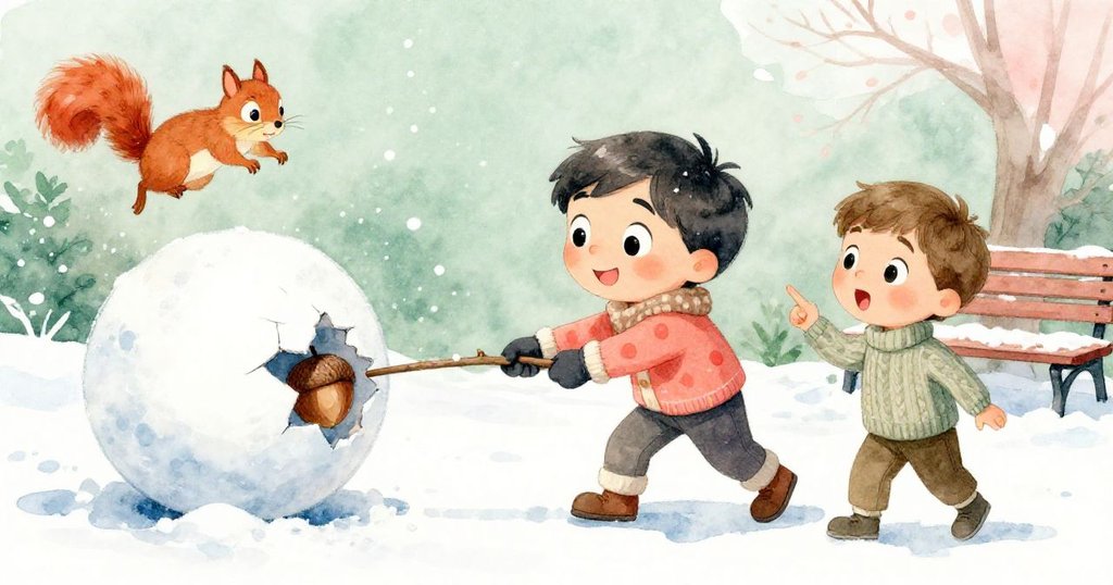 Milo用棍子引導破碎雪球露出橡果，Sam驚喜指著跳上凳的松鼠，動作活潑場景充滿驚奇。