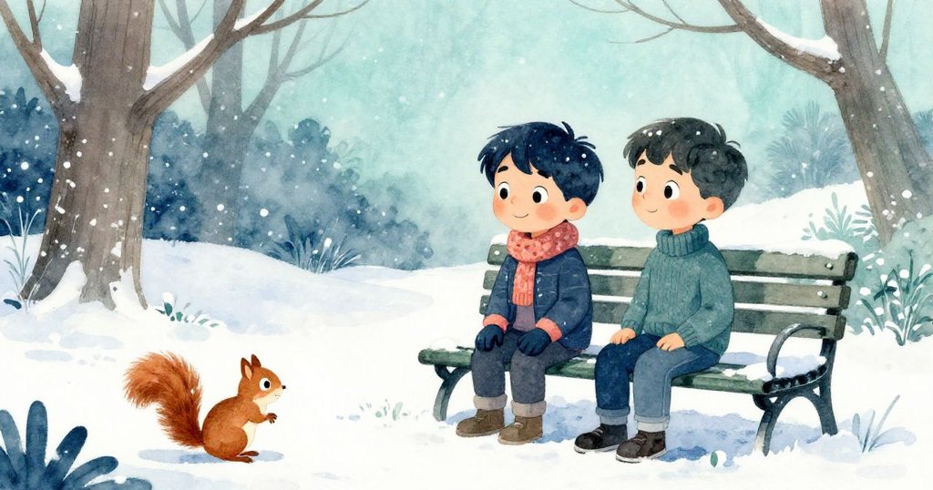 Milo與Sam靜坐觀松鼠，雪花緩落公園中，臉上帶著寧靜滿足微笑，結束了一天驚奇冒險。