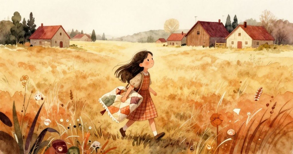 米拉在金色田野中攜帶著溫暖被子，神情平和，背景中農場與樹影展現早晨的寧靜美景