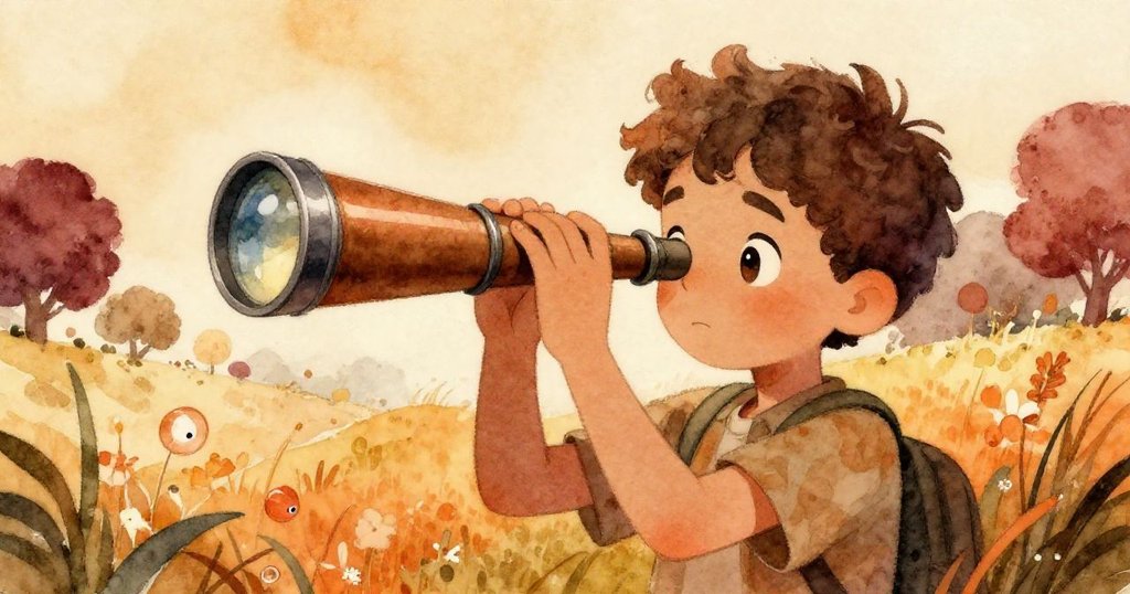 里奧在田野中認真檢查舊望遠鏡，鏡頭反光充滿神秘感，背景展現生機勃勃的自然景色