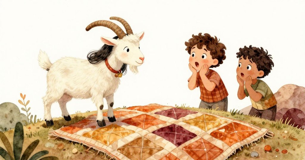 米拉與里奧在山丘上遇到好奇的山羊，低角度展現兩人驚訝神情與山羊調皮互動，背景遠顯農場與樹木