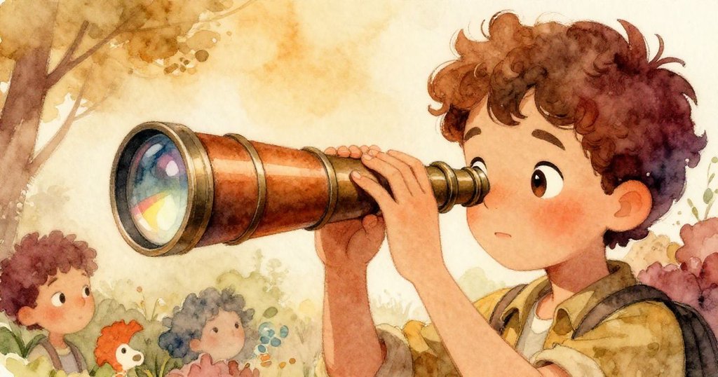 里奧仔細觀察望遠鏡鏡頭，鏡中隱現彩虹光芒，神情充滿驚喜與夢幻感，細節清晰突出