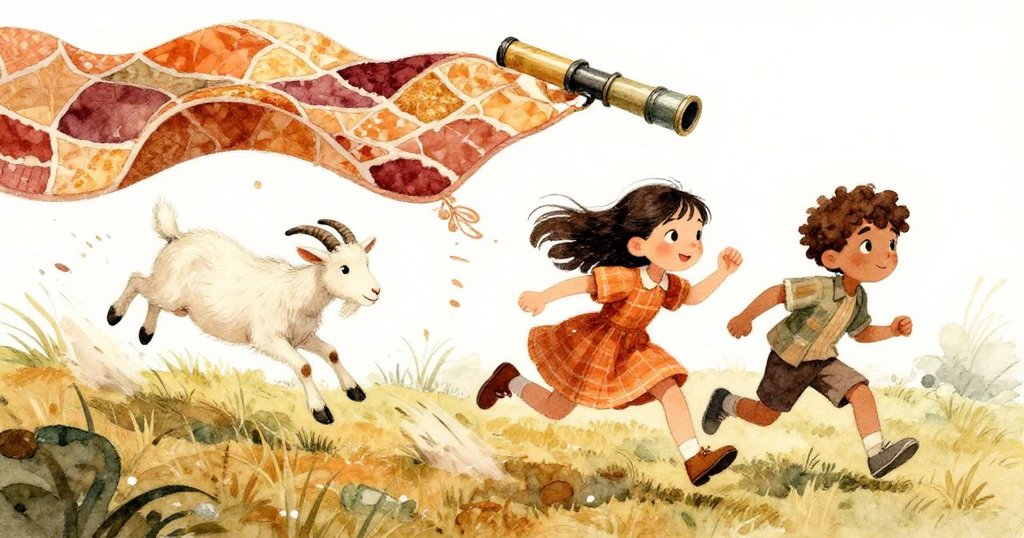 米拉和里奧在山坡上歡快追逐滾落的望遠鏡與被子，山羊快樂跳躍，場景充滿活力與冒險氛圍