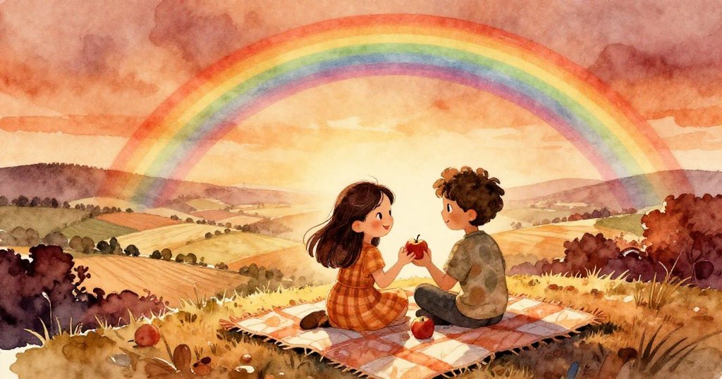 米拉和里奧在山頂上重新鋪開被子，共享蘋果，夕陽和持續的彩虹映照著廣闊農場，神情滿足與喜悅