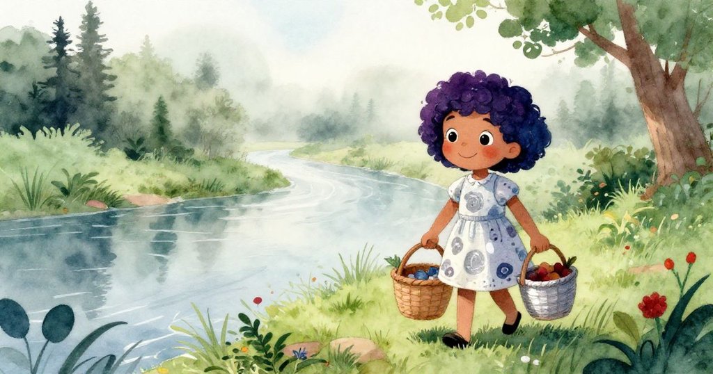 米拉在清晨薄霧中走向河邊，提著兩籃子，臉上充滿期待，背景有柔和的晨光與靜靜流動的河水。