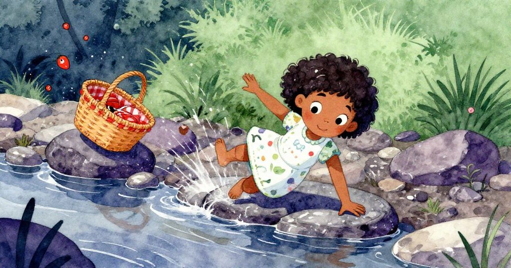 米拉在河邊濕滑的石頭上滑倒，奮力伸手抓住正在滑動的籃子，表情堅定與緊張，展現危機時刻的決心。