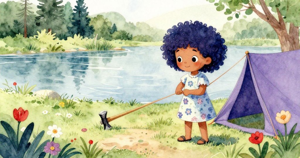 米拉在陽光下靈巧地將帳篷線綁在鐵鎚上，專注地操作以取回遠處漂流的籃子，背景顯示季節性花朵與小蟻隊。