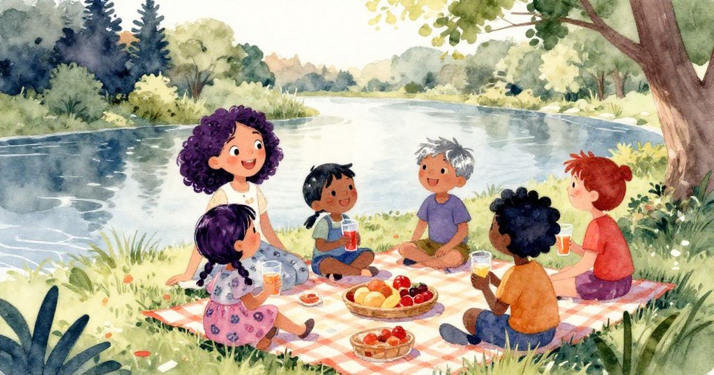 米拉與朋友們在河邊快樂地聚會，一起倒果汁、笑語融融，陽光在靜謐河面上閃爍，展現溫馨團聚的場景。