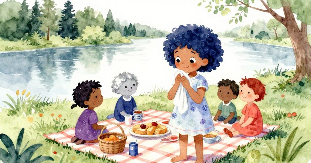 米拉在恢復整齊的野餐布旁擦拭濕手，露出輕鬆笑容，背景中朋友們靜坐河邊，呈現平靜、圓滿的團聚結局。