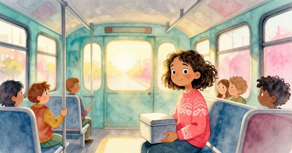 Leah站在電車內，早晨光線灑進來，她小心托著金屬盒，臉上滿懷期待，背景展現城市晨景。